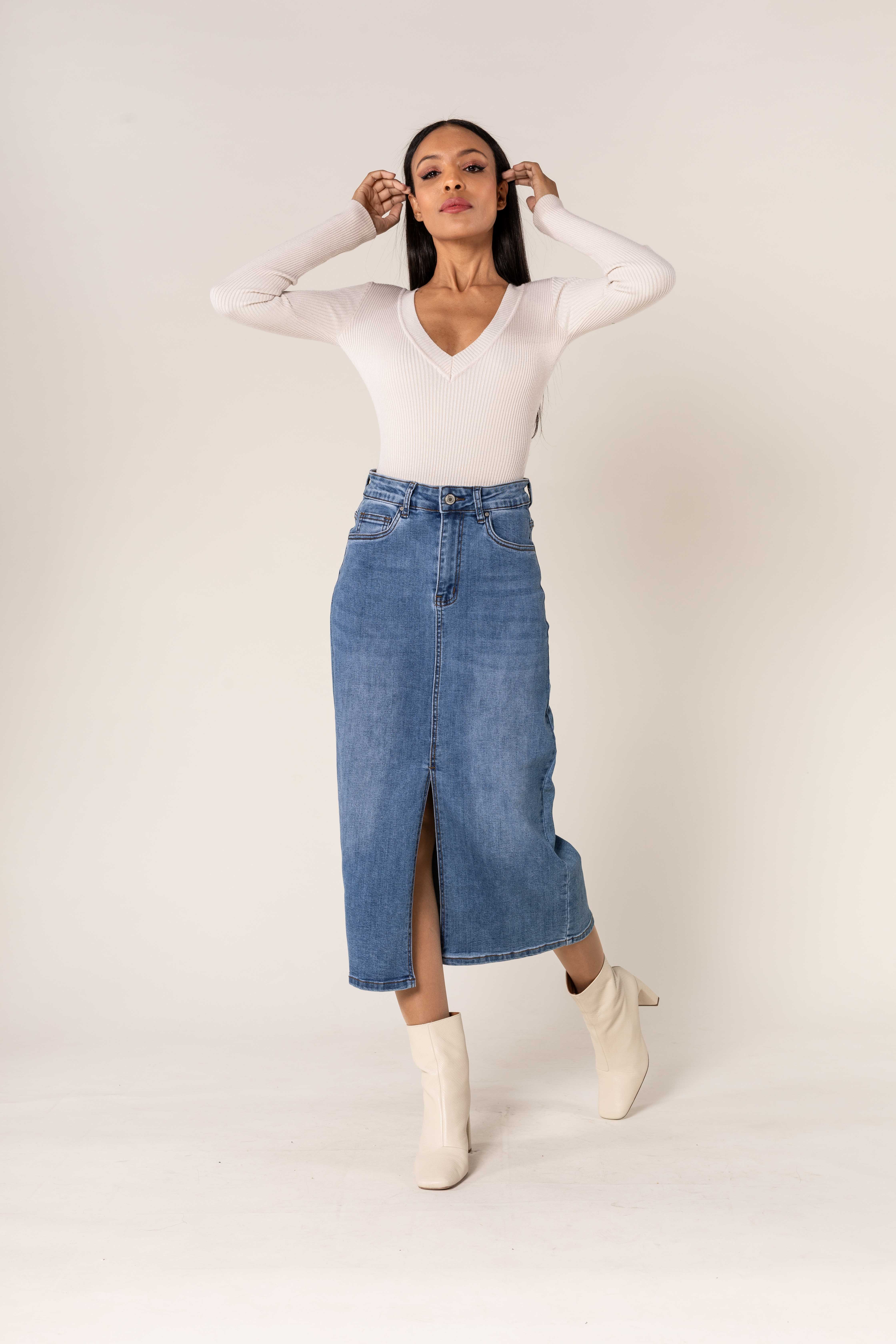 Nina Carter - Vendita all'ingrosso Gonna - Donna - Gonna lunga di denim Nina Carter con spacco frontale P2151