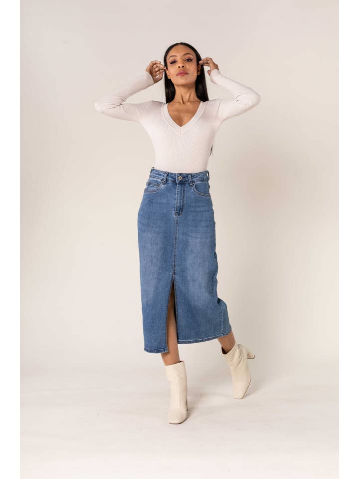 Nina Carter - Wholesale Skirt - Women's - Nina Carter denim jean long skirt with front split front P2151