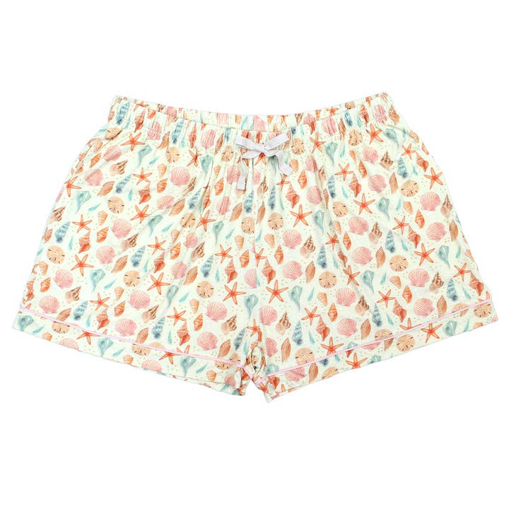 Beige Multi Sandy Seashells Womens Bamboo Pajama Shorts for wholesale on Faire