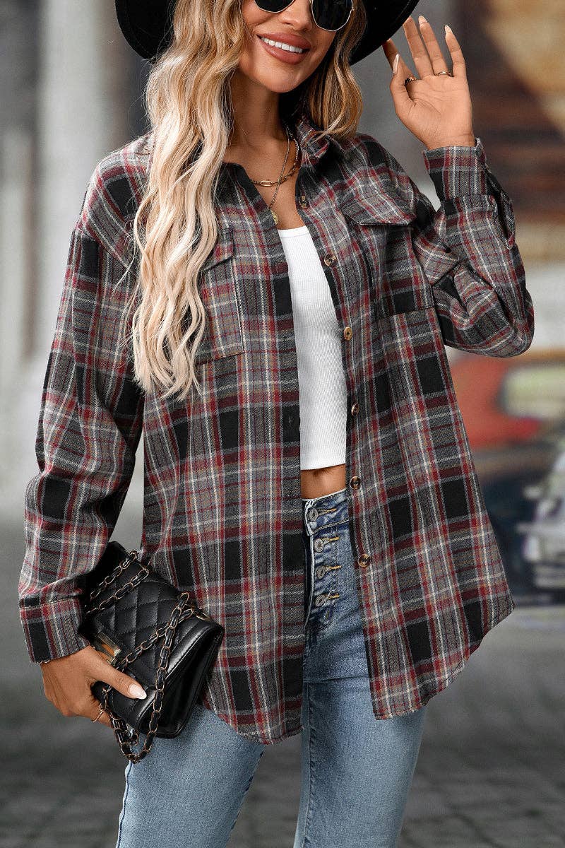 Lovesoft – wholesale Buttoned-down shirt – Women's – Plaid Button Down Shirt with Chest Pockets and Tie Hem36
