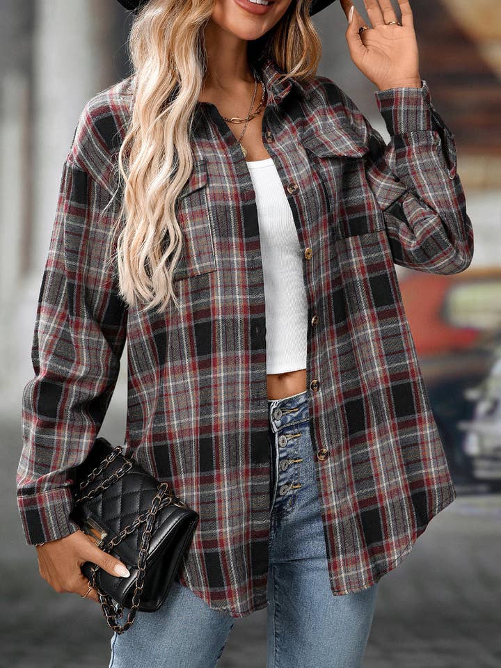 Suhkasana - Wholesale Button Down Shirt - Women's - Plaid Long Sleeve Button Down Shirt with Chest Pockets9