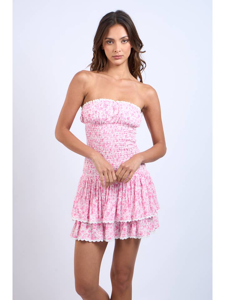 PK Taffy Floral -SMOCKED BODY LACE TRIM LAYERED TUBE MINI DRESS for wholesale on Faire