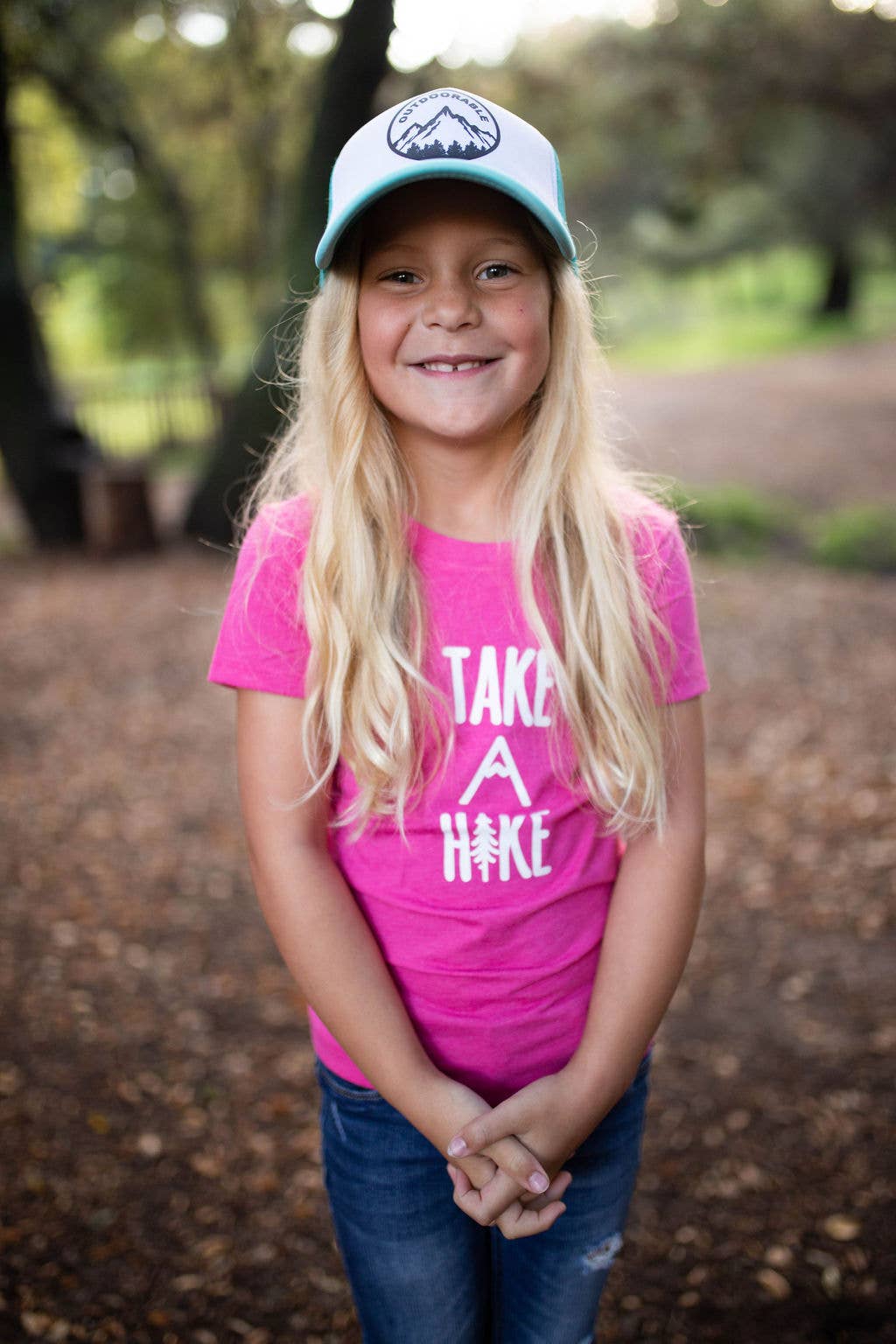 Outdoorable Apparel - Wholesale Screen Printed T-Shirt - Kids - Pink with White Take A Hike Girl's Shirt4