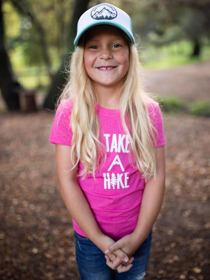 Outdoorable Apparel - Wholesale Screen Printed T-Shirt - Kids - Pink with White Take A Hike Girl's Shirt4