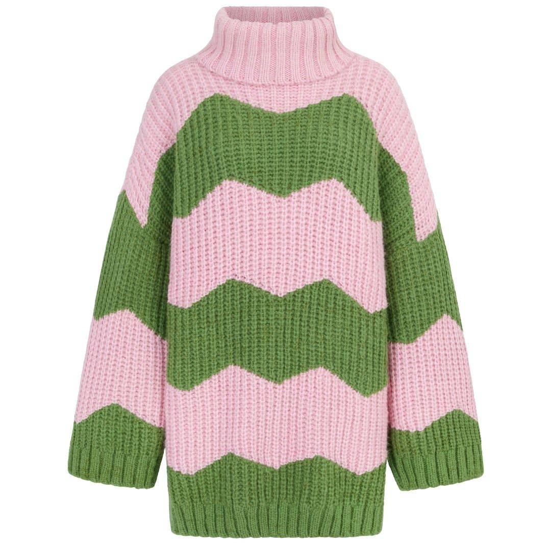 Cara & The Sky - Wholesale Dress - Women's - Nelly Chevron Roll Neck Knitted Jumper Dress - Pink1