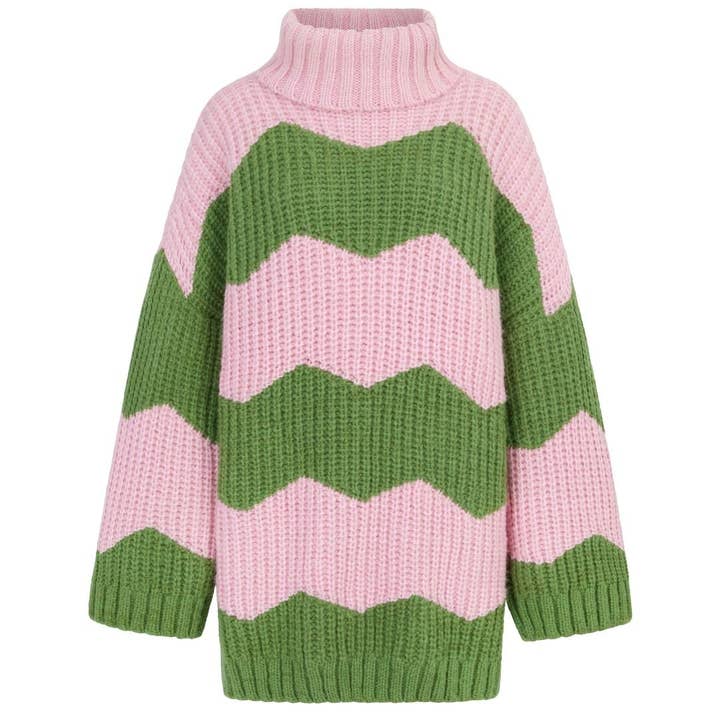 Cara & The Sky - Wholesale Dress - Women's - Nelly Chevron Roll Neck Knitted Jumper Dress - Pink1