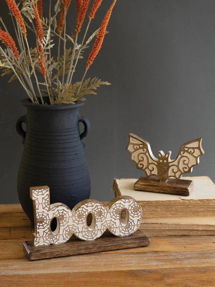 S/2 CARVED WOODEN HALLOWEEN TABLE TOP BOO AND BAT for wholesale by Kalalou