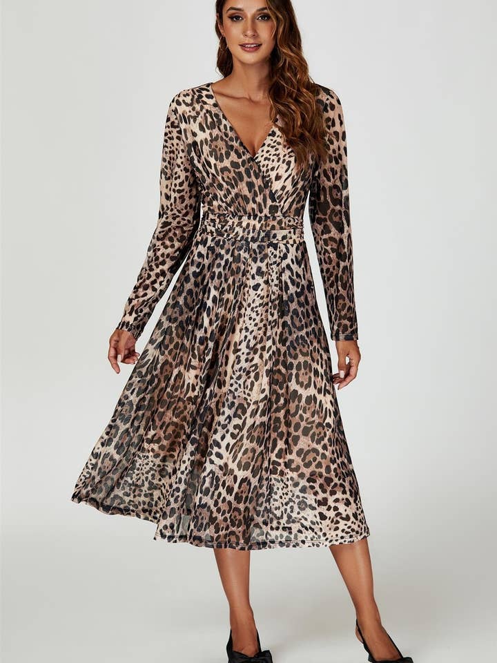 Leopard Print Mesh Midi Dress In Brown for wholesale on Faire2