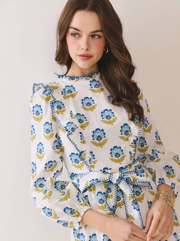 CD06077-Robe Mini à Imprimé Floral avec Volants et Ceinture à Nouer pour la vente par TCEC