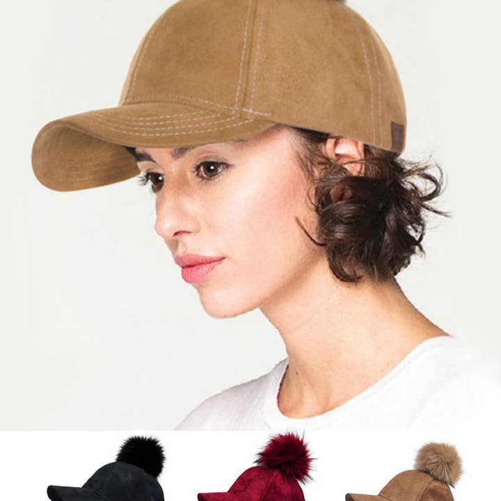 Hana - Wholesale Baseball Cap - Women's - C.C Suede Cap with Fur Pom Cap