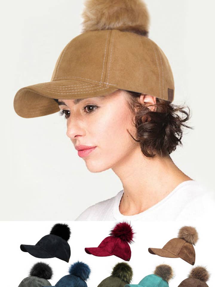 C.C Suede Cap with Fur Pom Cap for wholesale by Hana