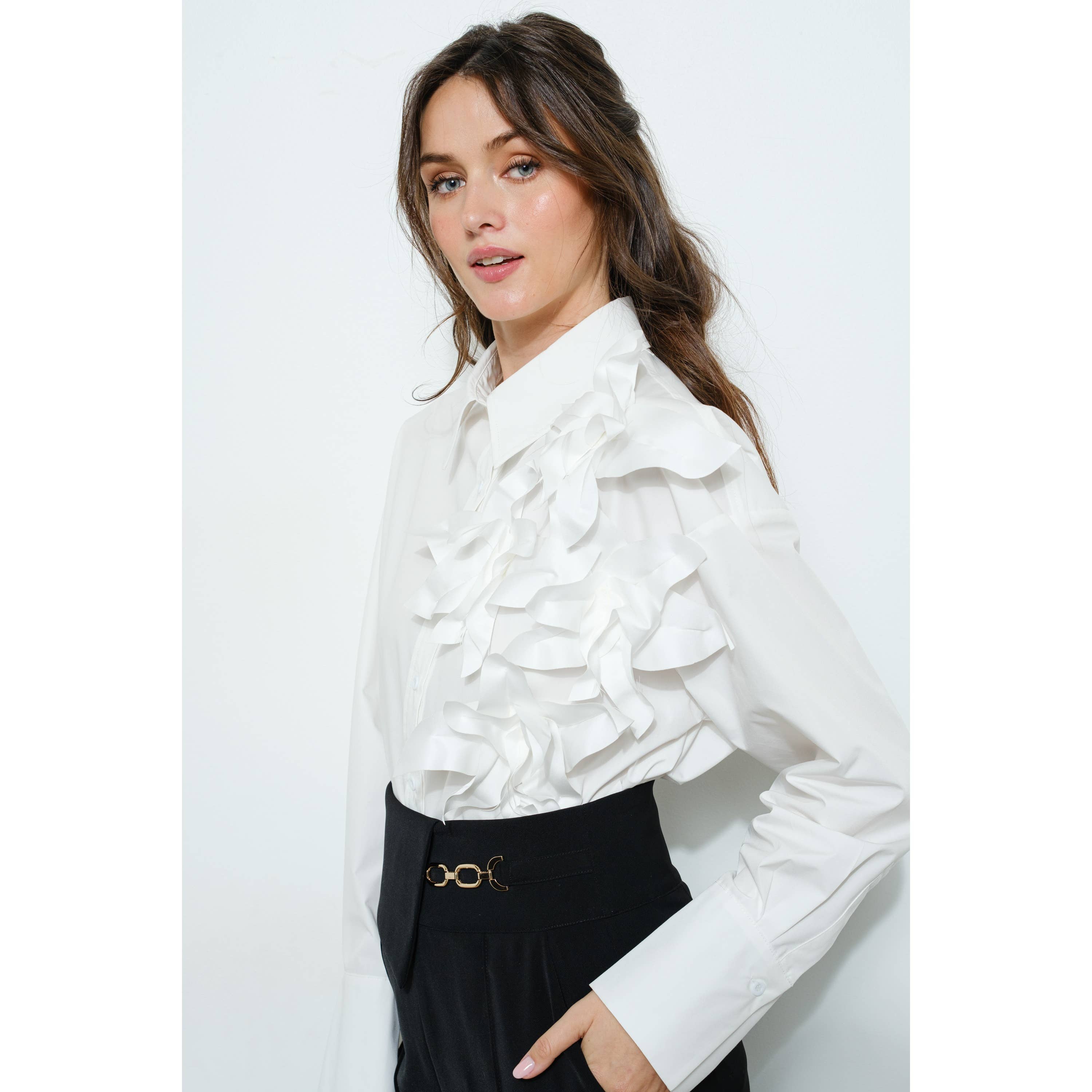 INA – Engroshandel Bluse - Dame – 3D båndblomst applikation skræddersyet skjorte2