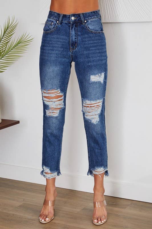 VENTI6 - Vendita all'ingrosso Jeans - Donna - PANTALONI IN DENIM CON ORLO INVECCHIATO E GINOCCHIA STRAPPATE (H9616-DENIM BLUE)0