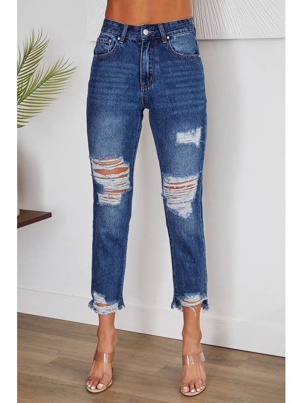 VENTI6 - Wholesale Jeans - Women's - DISTRESSED HEM DENIM PANTS W/RIPPED KNEES(H9616-DENIM BLUE)