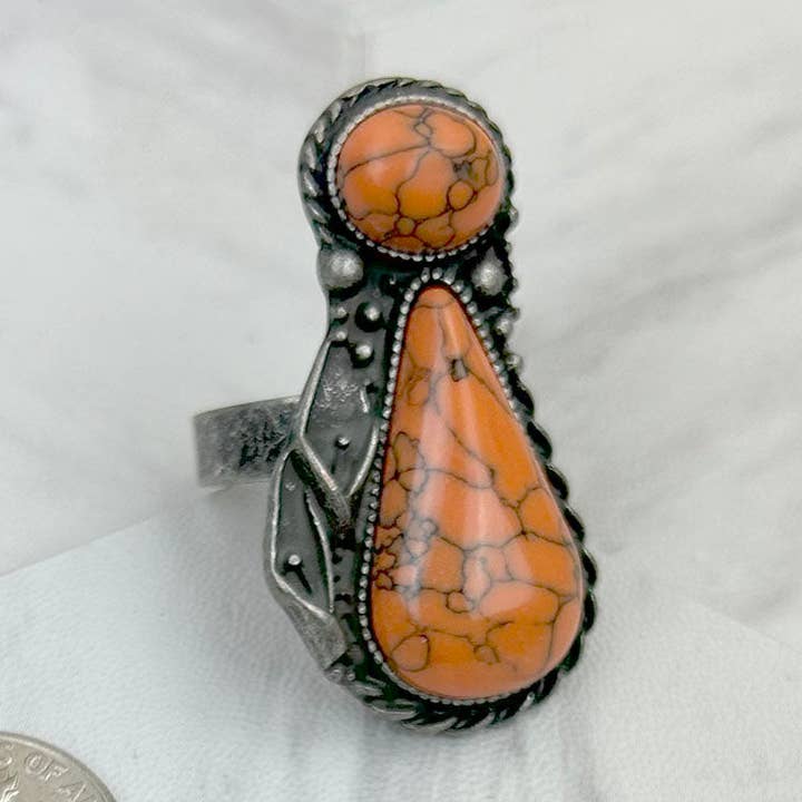 Western Elite Jewelry - Wholesale Cocktail/Statement Ring - RZ231205-151           Silver metal with orange turquoise stone adjustable Ring1