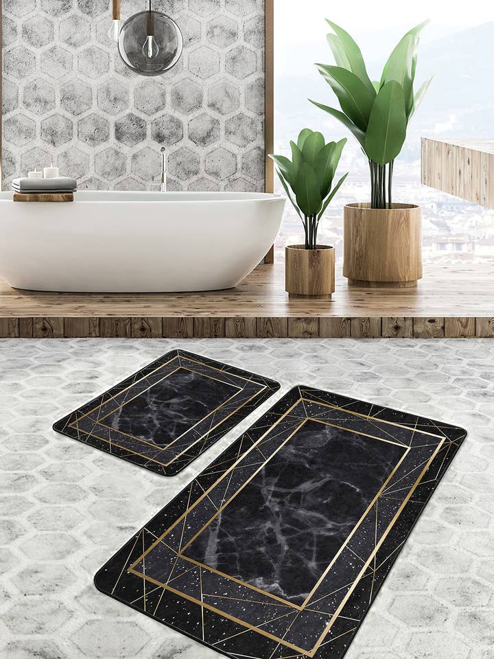 Ensemble de 2 tapis motif marbre noir géométrique doré pour la vente par Realhomes