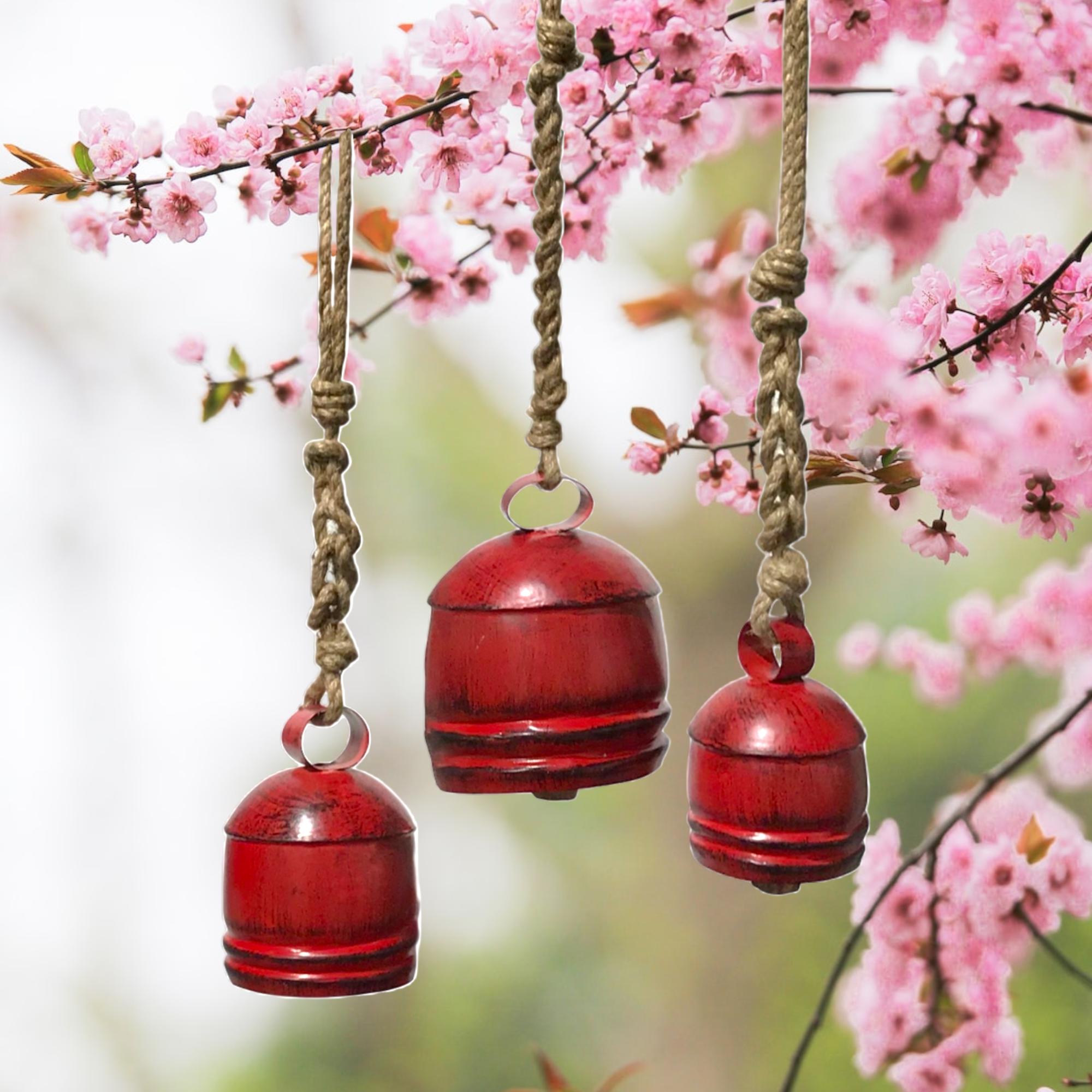 Wilco Home - Wholesale Bell - Set of 3 Christmas Red Hand-Patina Metal Hanging Bells4