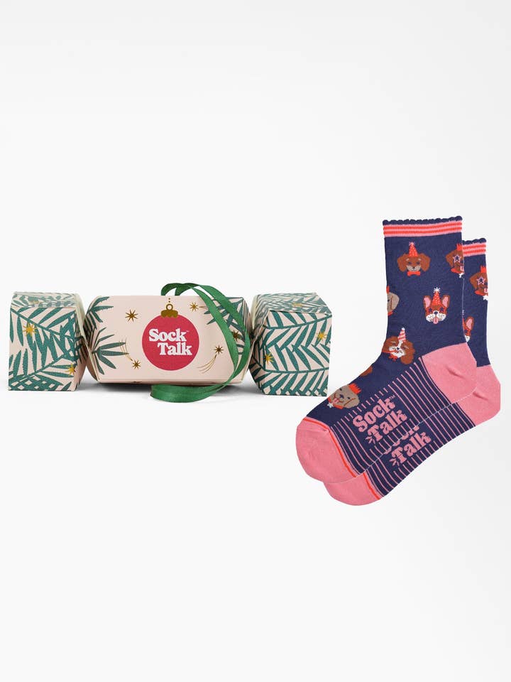 Women's Bamboo Socks Christmas Cracker Gift Box Party Dogs for wholesale by Sock Talk