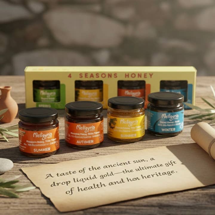 ALETA FARMS - Wholesale Honey - 4 Seasons Raw Greek Honey Gift Box – 4 Mini Jars (30g Each)0