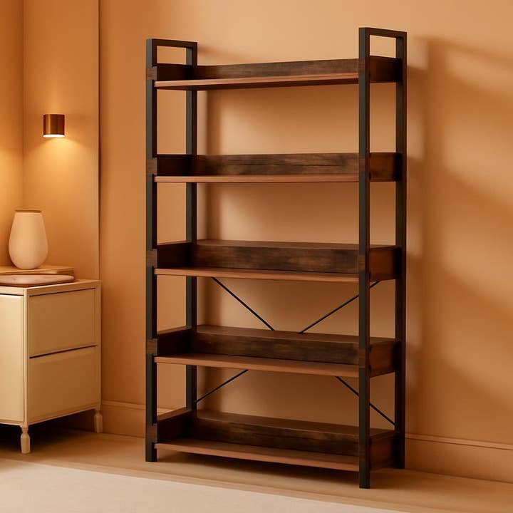 Industrial Rustic Brown Wood Quintuple Tier Bookcase for wholesale by ShipItFurniture