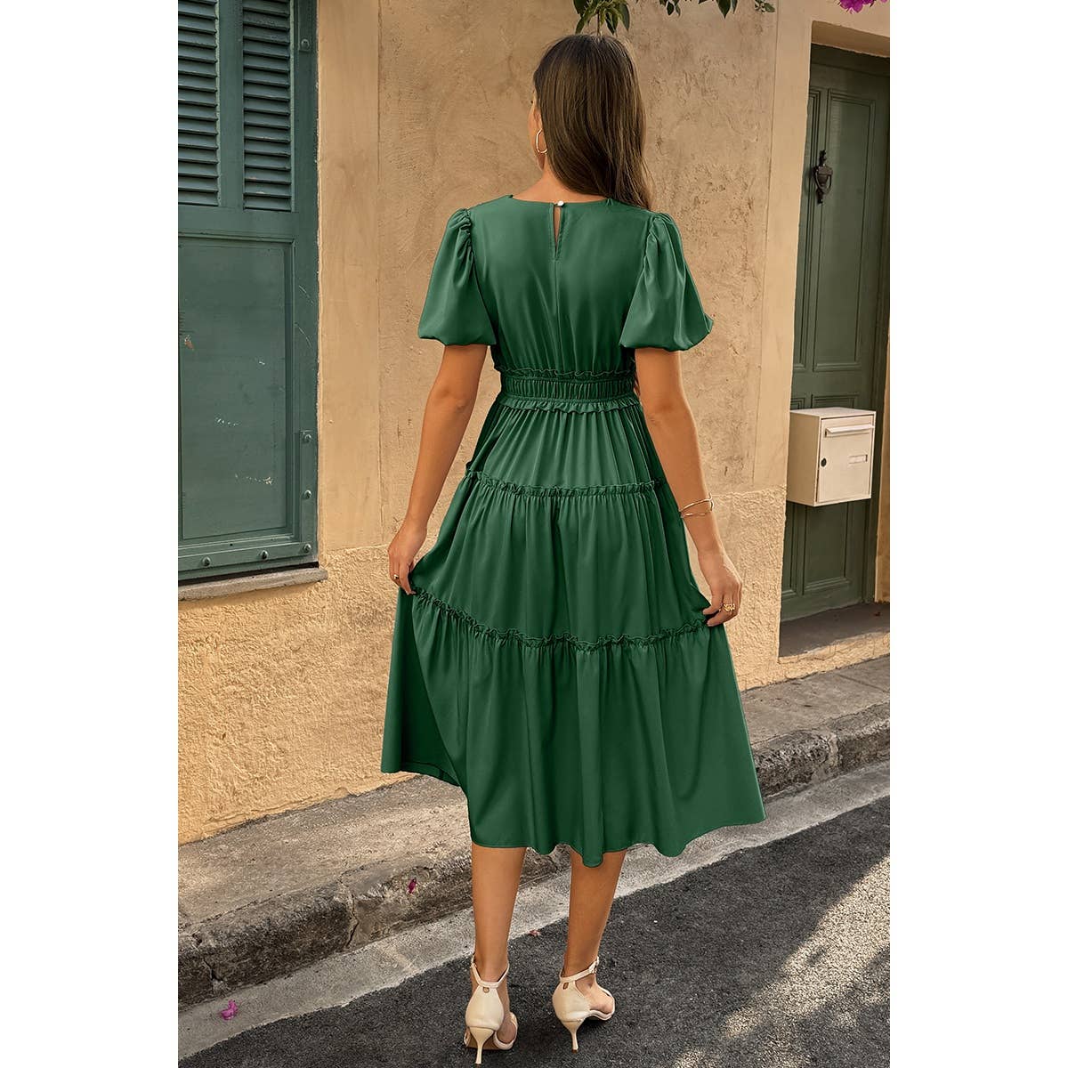 Supreme Fashion – wholesale Dress – Women's – Solid V Neck Puff Sleeve Elastic Waist Dress5