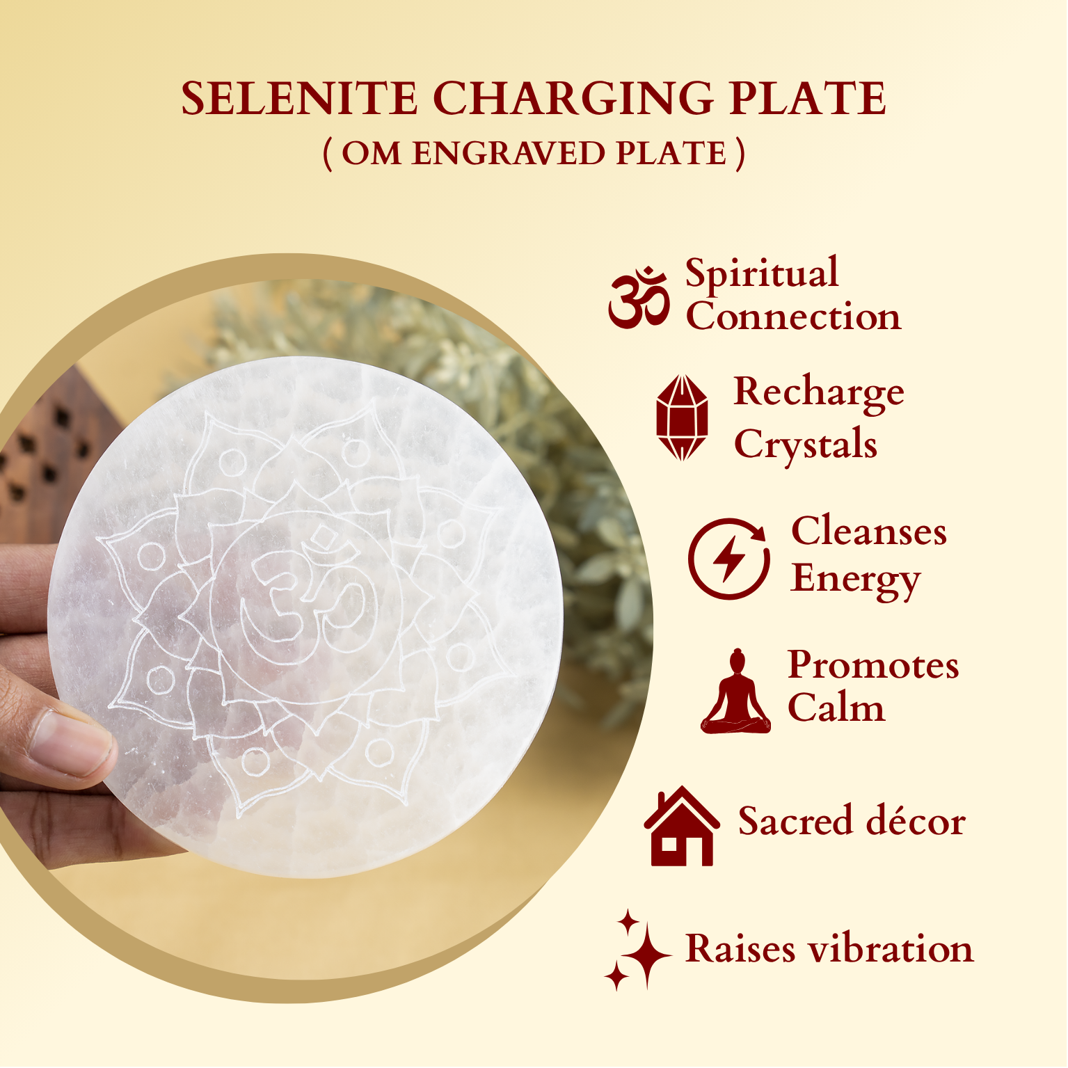 Soothing Crystals - Wholesale Crystal Charging Plate - 4" Selenite Plate | Om Selenite Plate | Charging Plate6