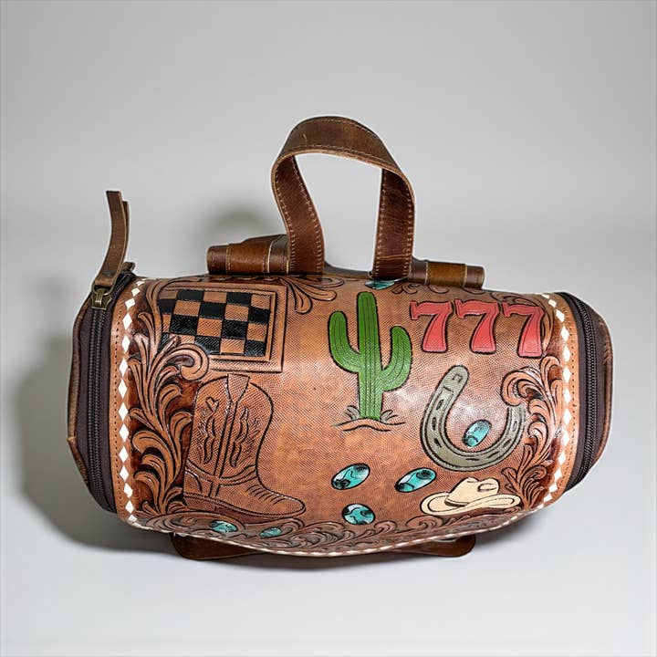 Western Linens - Wholesale Backpack - Women's - Cowgirl tooled leather & cowhide backpack 2