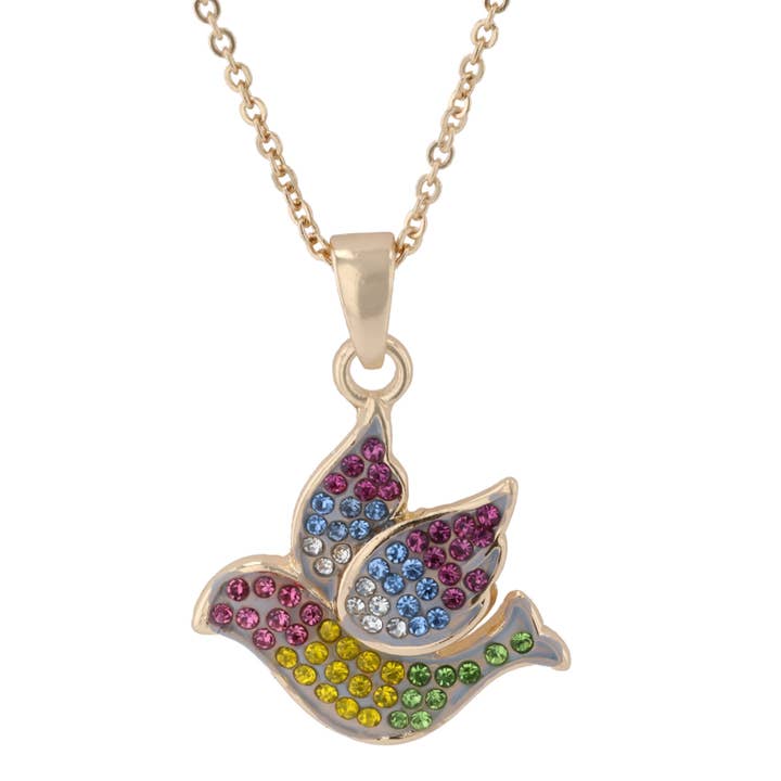 Luxe on Main LLC - Wholesale Pendant/Charm Necklace - Gold Tone Peace Dove Pendant Necklace w Multi Color Crystals3