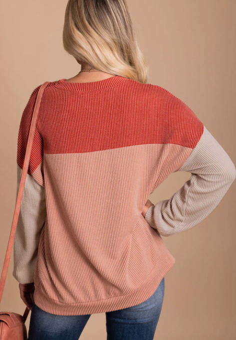 Lovesoft - Wholesale Knit Top - Women's - Khaki Block Long Sleeve Ribbed Loose Casual Top6