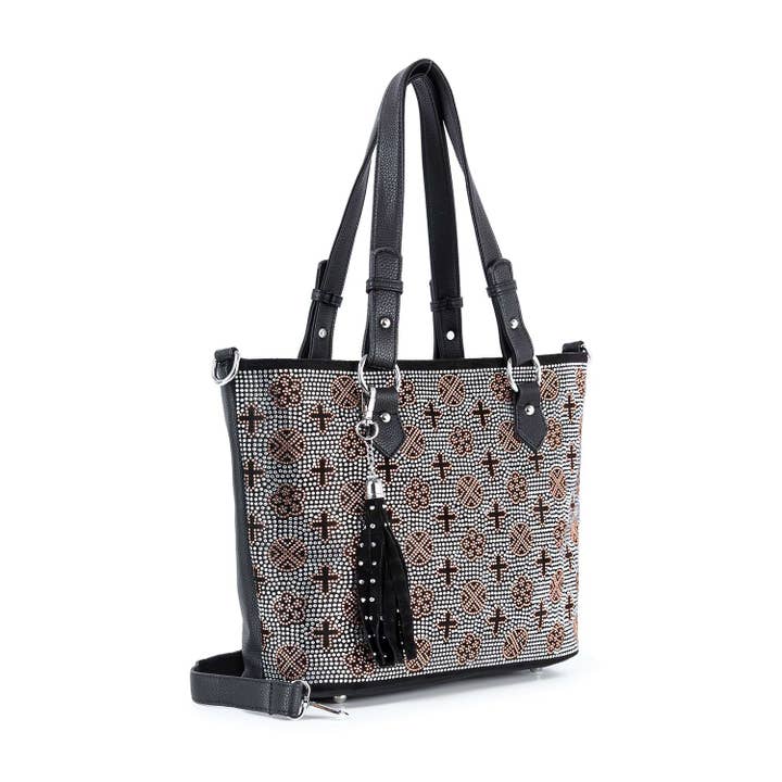 Rhinestone Signature Print Classic Tote Bag for wholesale by Handbag Express