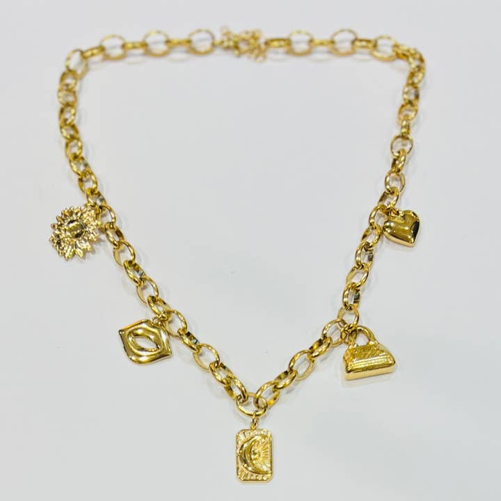 Stainless steel necklace with sunflower handbag charm links for wholesale by Bijoux 7bis