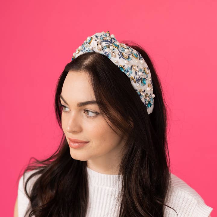 Golden Lily - Wholesale Fashion Headband - Women's - Floral Print Headband - Blue and Clear Rhinestone1