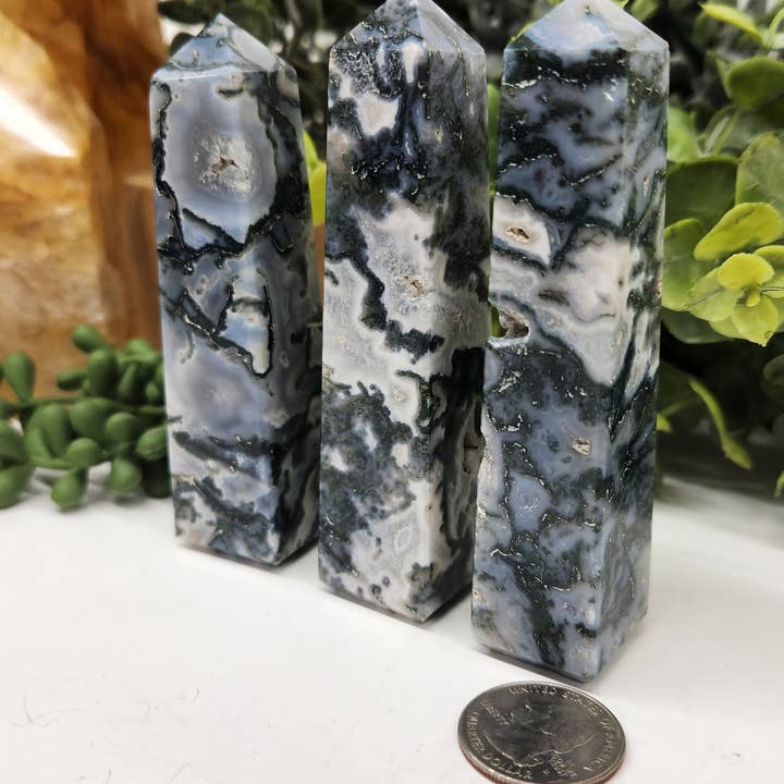 Meraki Gemstones - Wholesale Spiritual Stone/Crystal - Moss Agate 4-Sided Tower (Approx. 3.5-3.75"/8.9-9.5cm)