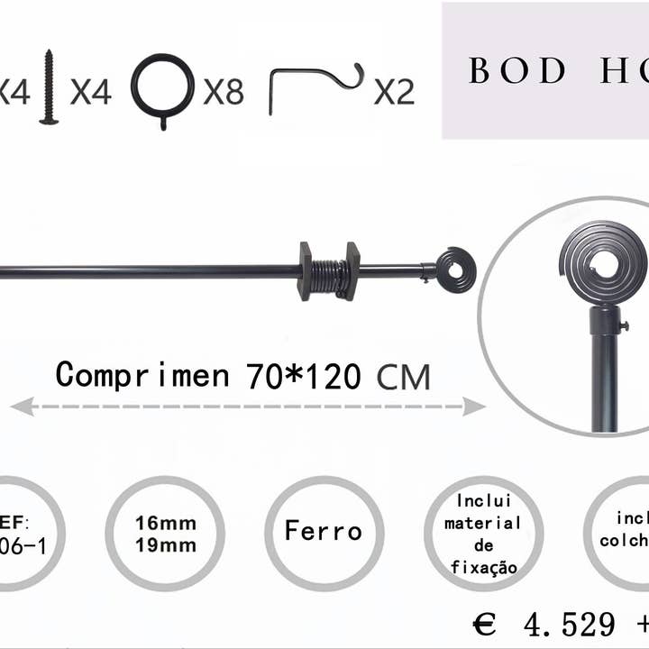 BOD HOME - Wholesale Curtain Rod - CURTAIN ROD BLACK METAL 70-120cm SPIRAL ENCHANTED1