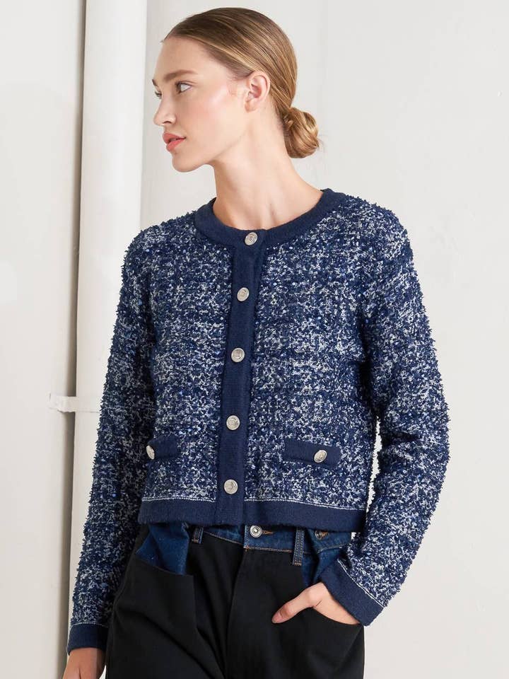 A sweater knit cardigan - FSW1368 BLUE MULTI for wholesale by FLYING TOMATO
