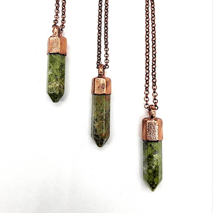 Polished Unakite Point Necklace // Electroformed Jewelry for wholesale by MergingMetals