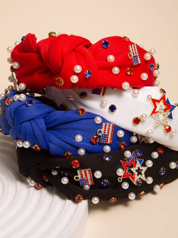American Flag Rhinestone Pave Charm Crystal Pearl Headband for wholesale by SP Sophia Collection