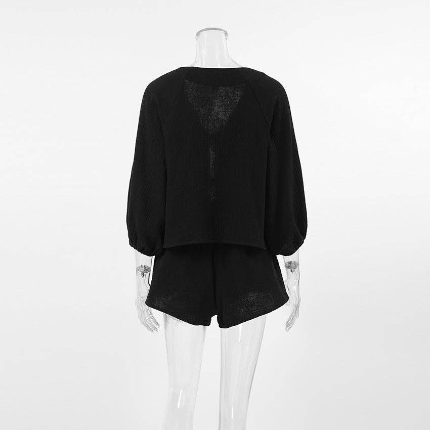 Marayn – wholesale Top & short set (NOT loungewear) – Women’s – French Autumn Chic Bubble Sleeve Top  Shorts Set2