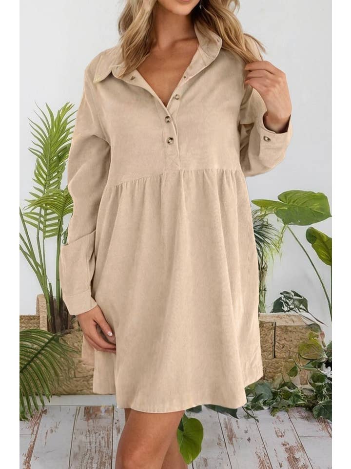 66DISCO - Wholesale Dress - Women's - Corduroy Half Button Collared Long Sleeve Fall Dress (S-XL)2