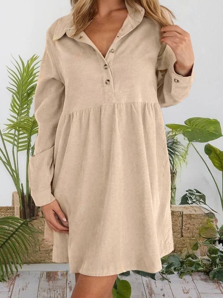 Corduroy Half Button Collared Long Sleeve Fall Dress (S-4X) for wholesale by 66DISCO