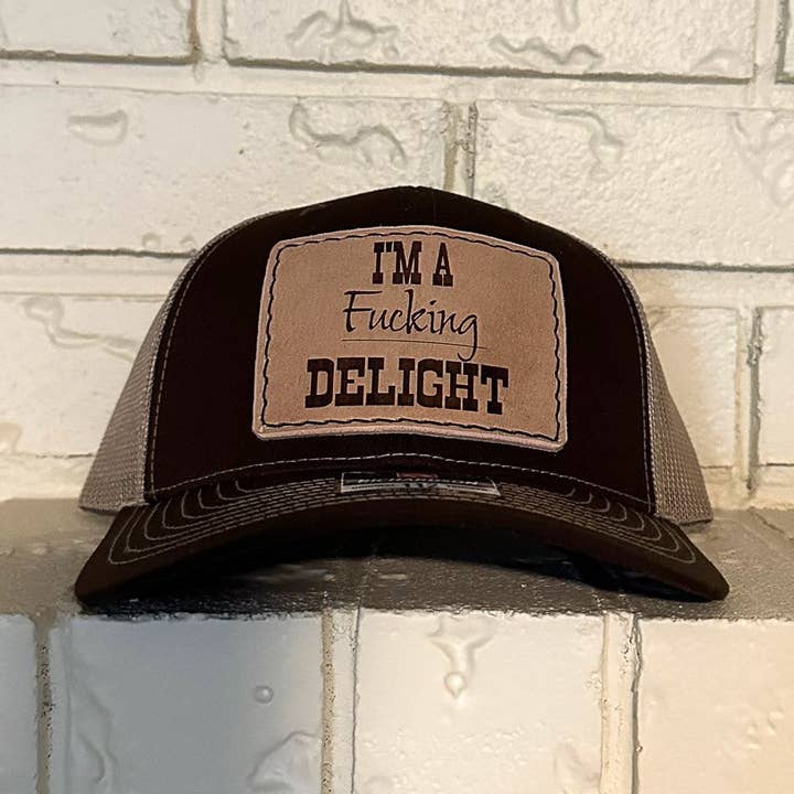 Leather Hat Patches - I'm A Fucking Delight for wholesale by Prairie Buffalo