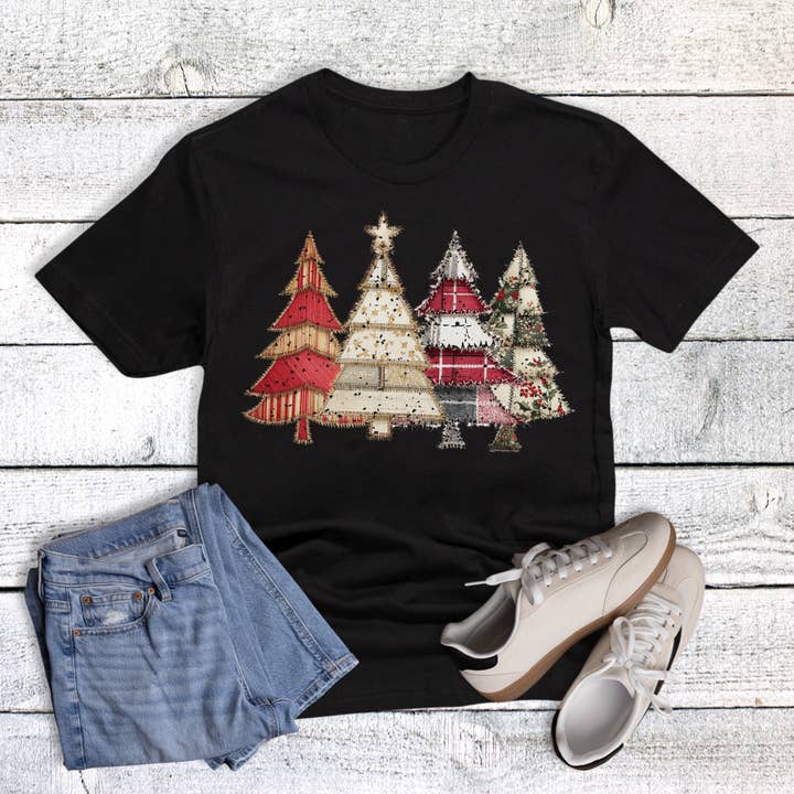 Christmas Patchwork Trees Graphic Tee for wholesale by Rebel Rose