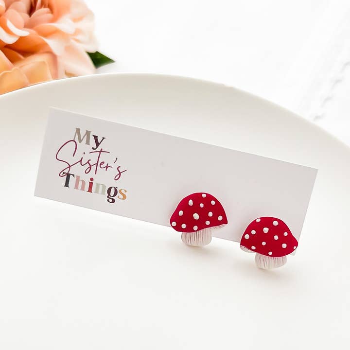 Red Mushroom Studs, Handmade clay earring, Cottage-core Stud for wholesale by My Sister’s Things
