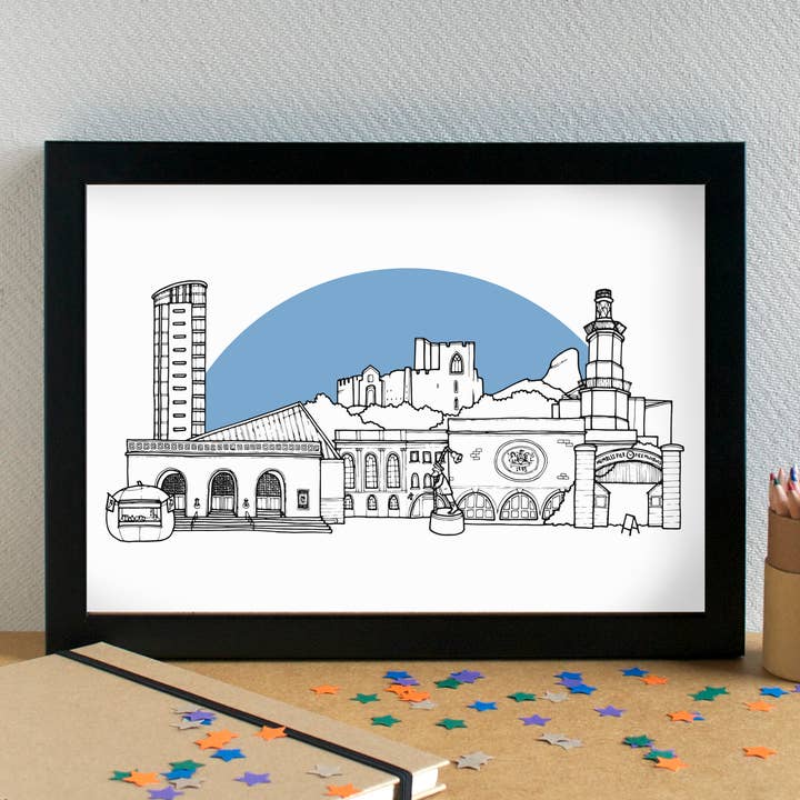 Swansea Skyline Landmarks Art Print - unframed for wholesale by Becka Griffin Illustration