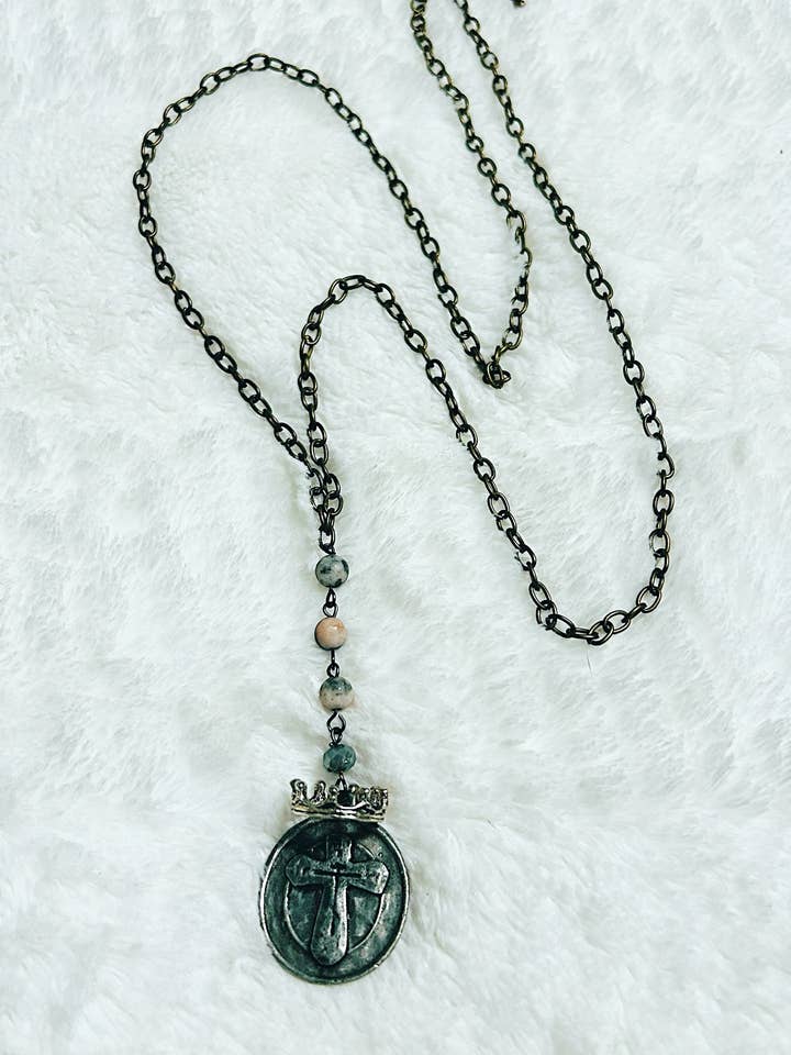 Bronze and Silver Crowned Cross Angel Agate Necklace for wholesale by Petals Jewelry Designs By Brandi Crain
