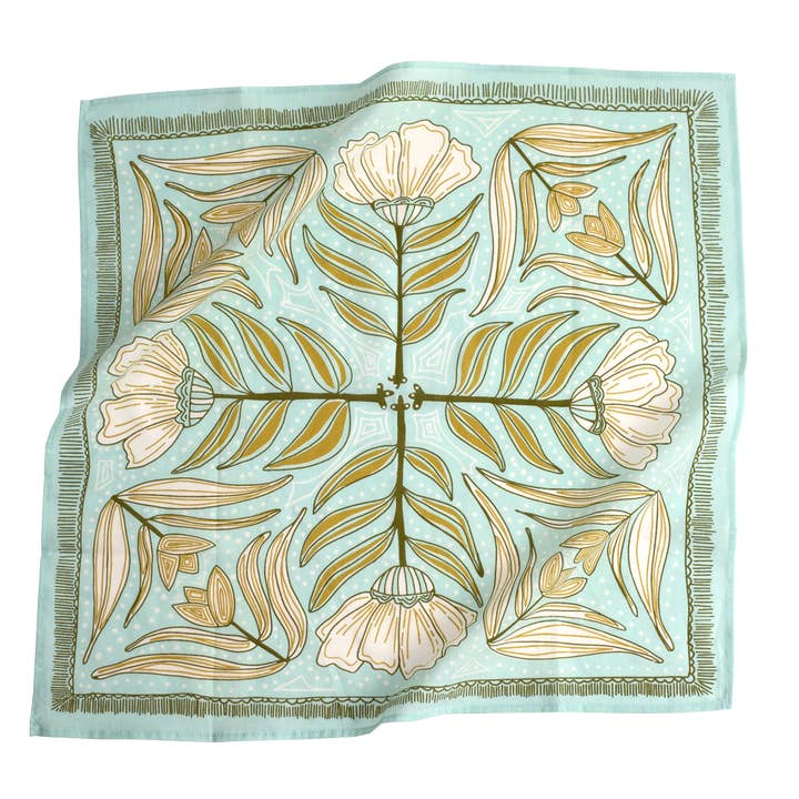 Handker Bandanas - Vente Bandana – femme - No 012 Eliza - Bandana en coton premium à fleurs jaunes sur bleu clair0