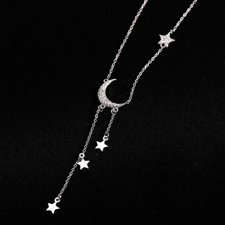 Perimade & Co. LLC - Wholesale Pendant/Charm Necklace - Moon Star Layered Tassel Necklace in 925 Sterling Silver