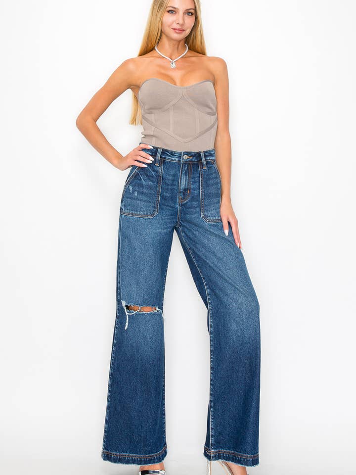 DARK ULTRA HIGH RISE RELAXED FLARE JEANS for wholesale on Faire