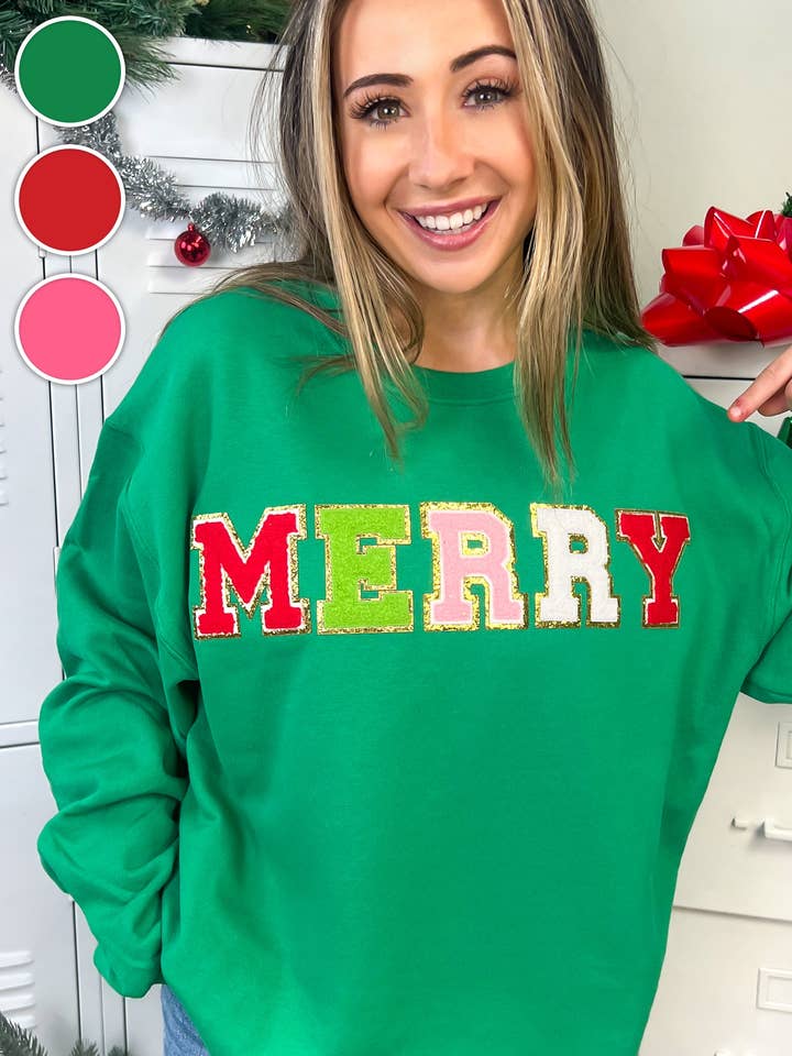 Merry Ideal Chenille Christmas Graphic Sweatshirt for wholesale by Sugar Stitch