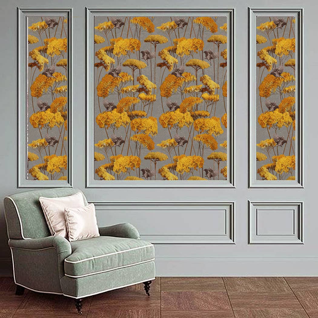 Daria Petrilli - Wholesale Wallpaper - BIRD ON YELLOW ACHILLEA FLOWER ON ASH SKY - WALLPAPER (Copy)1